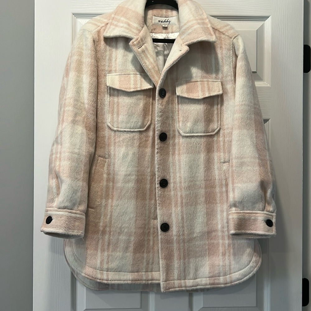 Sebby Soft Shacket Shirt Jacket Sz M White Pink Plaid Button Front Silky Lining